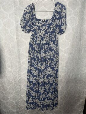 WallFlower Eliza Pleated Puff Sleeve Chiffon Maxi Dress Blue Floral Medium M